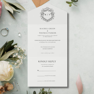Invitación Todo En Uno Elegante Boda de Monograma Blanco y Negro