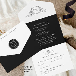 Invitación Todo En Uno Elegante Boda de Monograma Blanco y Negro con RSVP