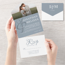 Invitación Todo En Uno Elegante Boda de Monograma con fotografía azul tur