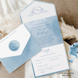 Invitación Todo En Uno Elegante Boda de Monograma de color azul todo en
