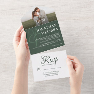 Invitación Todo En Uno Elegante Boda de monograma de fotografía verde osc