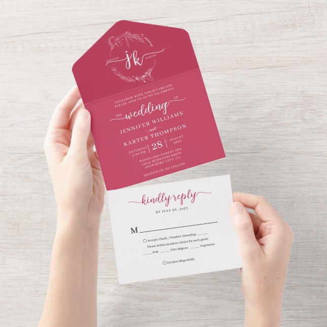 Invitación Todo En Uno Elegante Boda de Monograma de Magenta floral Minim (desgarro)
