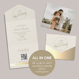 Invitación Todo En Uno Elegante Boda de Monograma Dorado Código QR