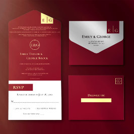 Invitación Todo En Uno Elegante Boda de Monograma Dorado de Borgoña