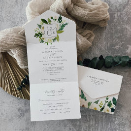 Invitación Todo En Uno Elegante Boda de Monograma Floral Blanco