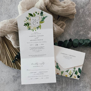 Invitación Todo En Uno Elegante Boda de Monograma Floral Blanco