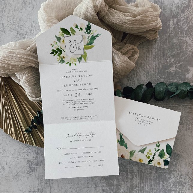 Invitación Todo En Uno Elegante Boda de Monograma Floral Blanco (Subido por el creador)
