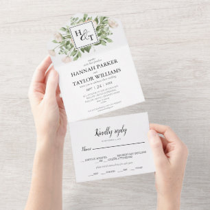 Invitación Todo En Uno Elegante Boda de Monograma Floral Blanco