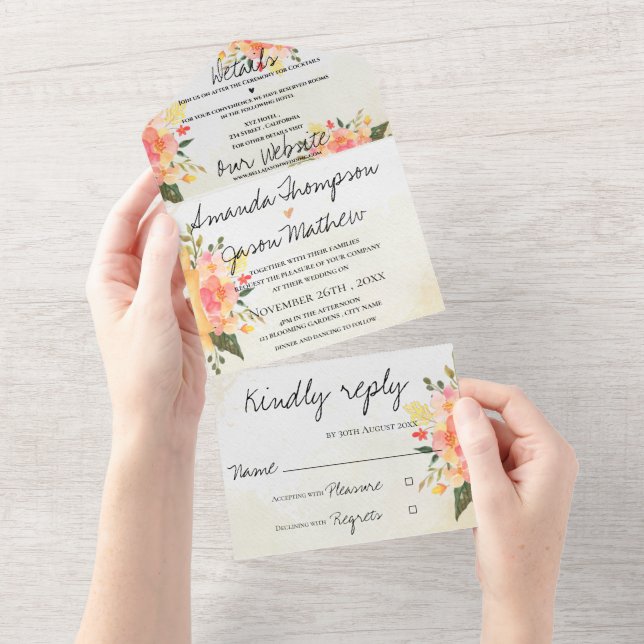 Invitación Todo En Uno Elegante Boda de Monograma Floral de Peach Románti (desgarro)