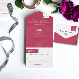 Invitación Todo En Uno Elegante Boda de monograma magenta de escritura mo