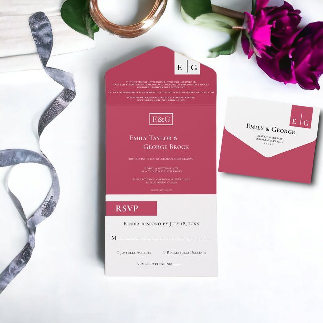 Invitación Todo En Uno Elegante Boda de monograma magenta de escritura mo (Subido por el creador)