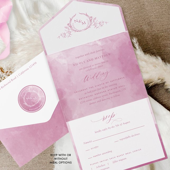 Invitación Todo En Uno Elegante Boda de monograma malva y acuarela rosa (Subido por el creador)