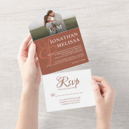 Invitación Todo En Uno Elegante Boda de Monograma Rústico Terracota Photo