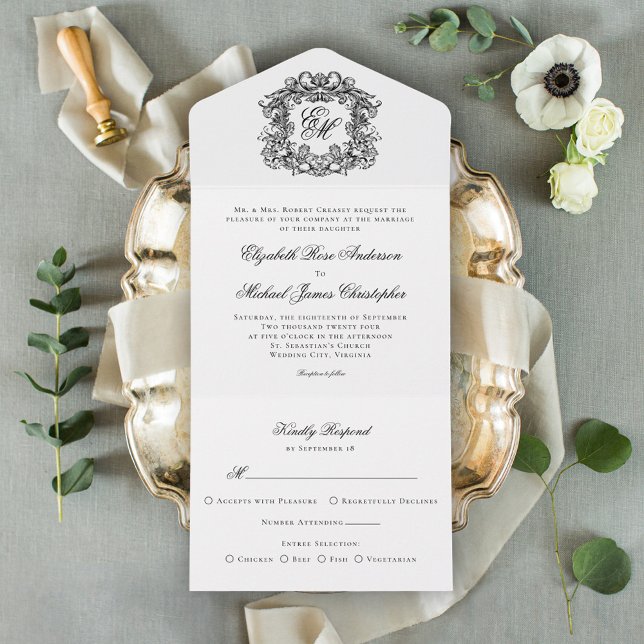 Invitación Todo En Uno Elegante Boda de Monograma Script Escudo (Subido por el creador)