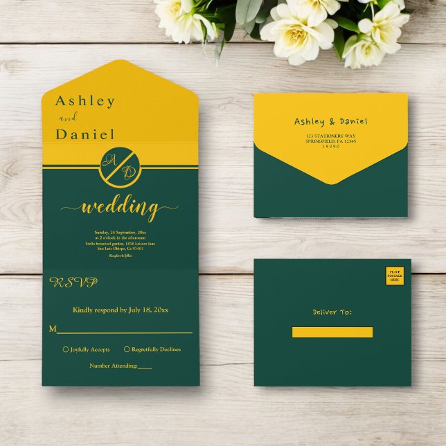 Invitación Todo En Uno Elegante Boda De Monograma Verde Y Oro De Lujo (Subido por el creador)