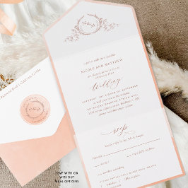 Invitación Todo En Uno Elegante Boda de Monograma y Acuarela de Peach