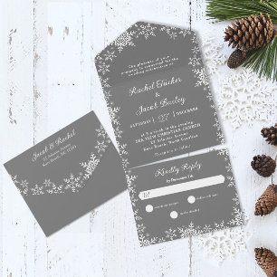 Invitación Todo En Uno Elegante Boda de Navidades Gris Plateado con copos