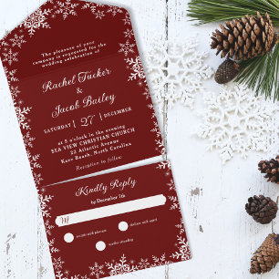 Invitación Todo En Uno Elegante Boda de Navidades Rojos Fronterizos con C