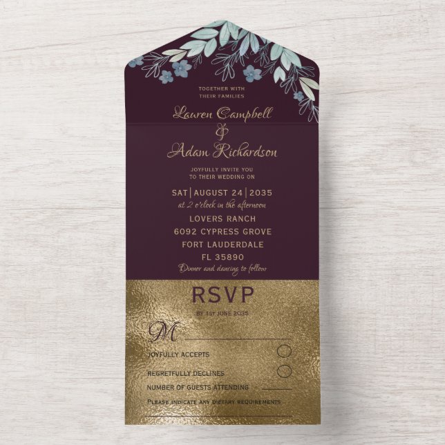 Invitación Todo En Uno Elegante Boda de oro de Borgoña y Faux (Interior)