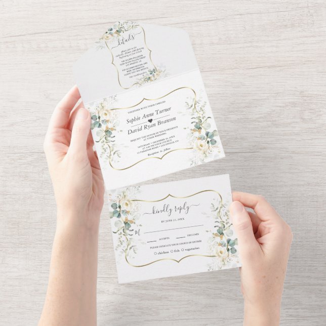 Invitación Todo En Uno Elegante Boda de Oro de Eucalipto Floral Blanco (desgarro)