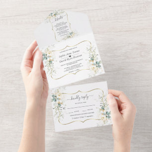 Invitación Todo En Uno Elegante Boda de Oro de Eucalipto Floral Blanco