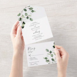 Invitación Todo En Uno Elegante Boda de Oro Eucalyptus