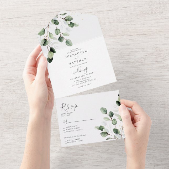 Invitación Todo En Uno Elegante Boda de Oro Eucalyptus (desgarro)