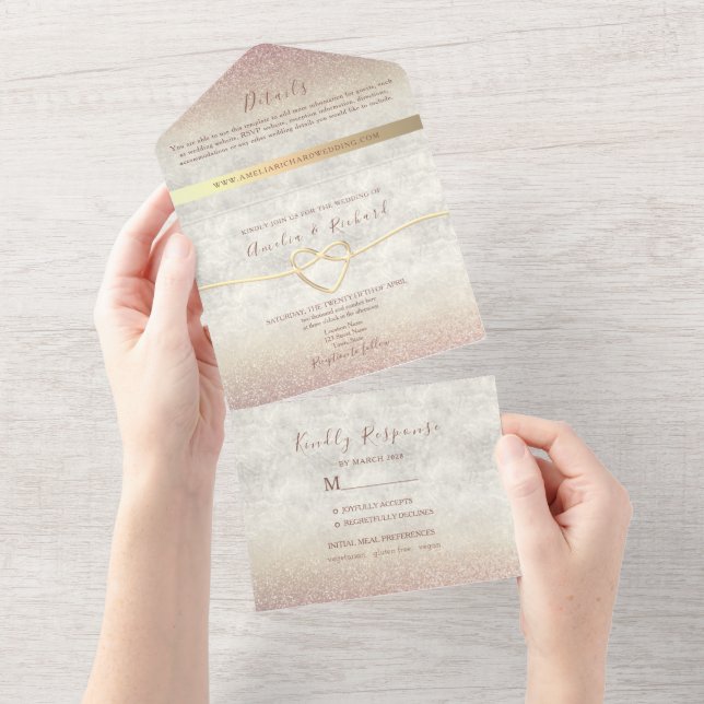 Invitación Todo En Uno Elegante Boda de Oro Rosa (desgarro)
