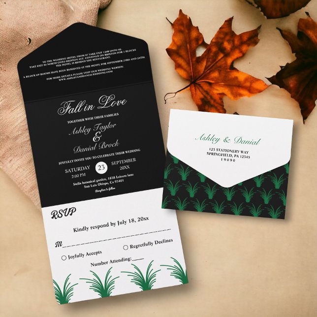 Invitación Todo En Uno Elegante Boda De Otoño Verde Negro Y Blanco (Subido por el creador)