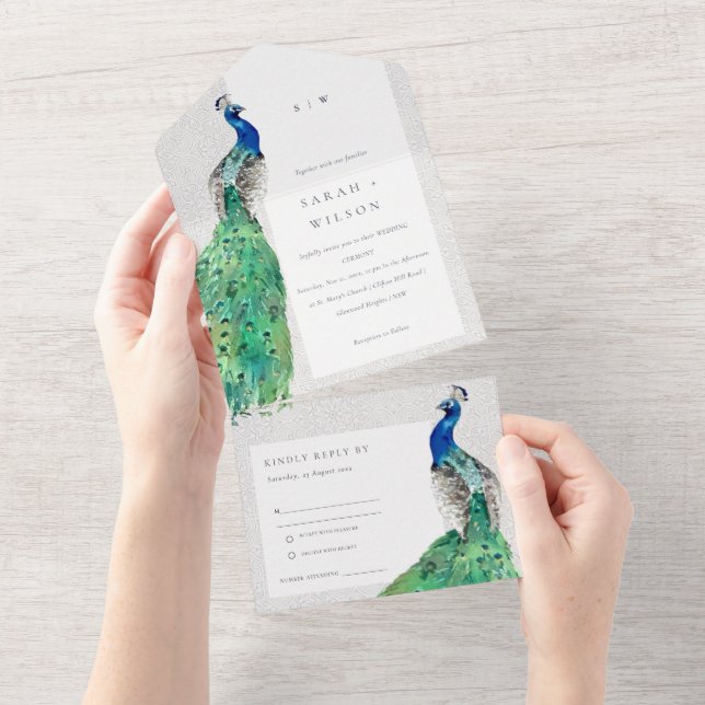 Invitación Todo En Uno Elegante Boda de pavo real ornato elegante (desgarro)