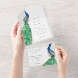 Invitación Todo En Uno Elegante Boda de pavo real ornato elegante