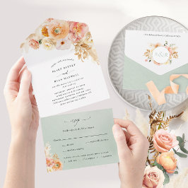 Invitación Todo En Uno Elegante Boda de Peach y Sage Floral con RSVP Al