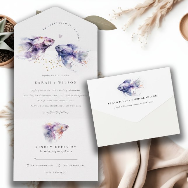 Invitación Todo En Uno Elegante Boda de Pescado Costero Lilac (Subido por el creador)