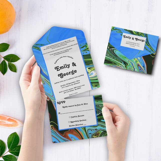 Invitación Todo En Uno Elegante Boda de pintura de aceite verde azul abst (Subido por el creador)