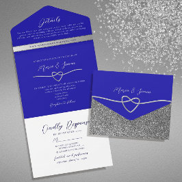 Invitación Todo En Uno Elegante Boda de Plata y Azul Real