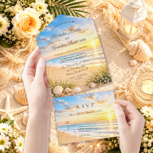 Invitación Todo En Uno Elegante Boda de Playa con Olas del Océano Azul Tr