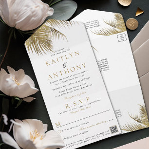 Invitación Todo En Uno Elegante Boda de Playa de Palm Tree Tropical y RSV