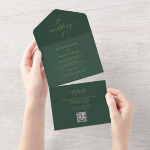 Invitación Todo En Uno Elegante Boda De QR Verde Esmeralda Y Oro