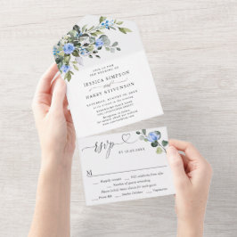 Invitación Todo En Uno Elegante Boda de Rosas azules Eucalyptus