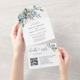 Invitación Todo En Uno Elegante Boda de Rosas azules Eucalyptus