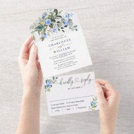 Invitación Todo En Uno Elegante Boda de Rosas azules Eucalyptus
