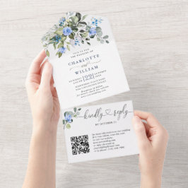 Invitación Todo En Uno Elegante Boda de Rosas azules Eucalyptus