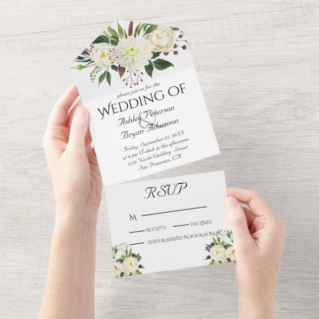 Invitación Todo En Uno Elegante Boda de rosas blancas (desgarro)