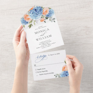 Invitación Todo En Uno Elegante Boda de Rosas de Rubor rosa Hydrangea azu