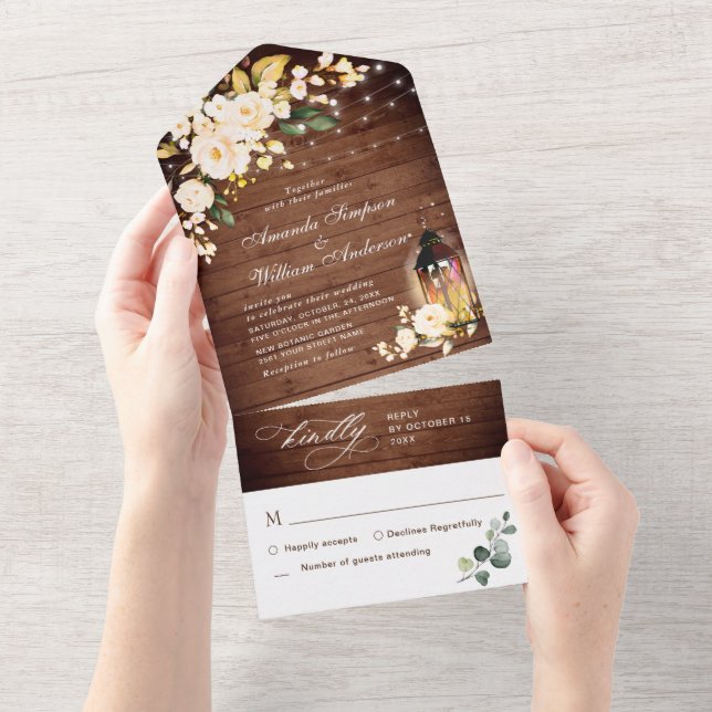 Invitación Todo En Uno Elegante Boda de Rosas de Rubor Rustic Wood (desgarro)