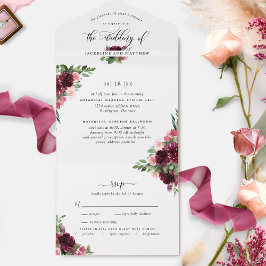 Invitación Todo En Uno Elegante Boda de Rubor de Borgoña con RSVP Perfora