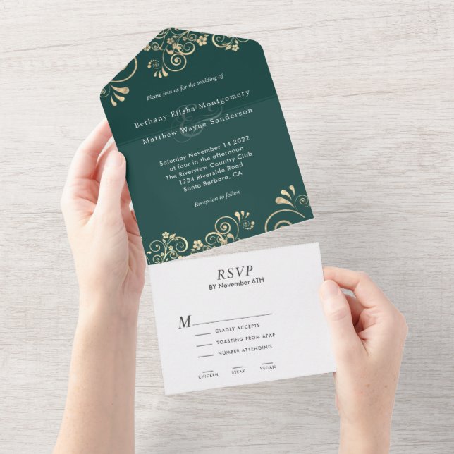 Invitación Todo En Uno Elegante Boda de Swirl Ecológico de Esmeralda (desgarro)