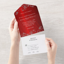 Invitación Todo En Uno Elegante Boda de Swirl Gris Rojo Ruby