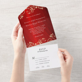 Invitación Todo En Uno Elegante Boda de Swirl Ruby Red Gold