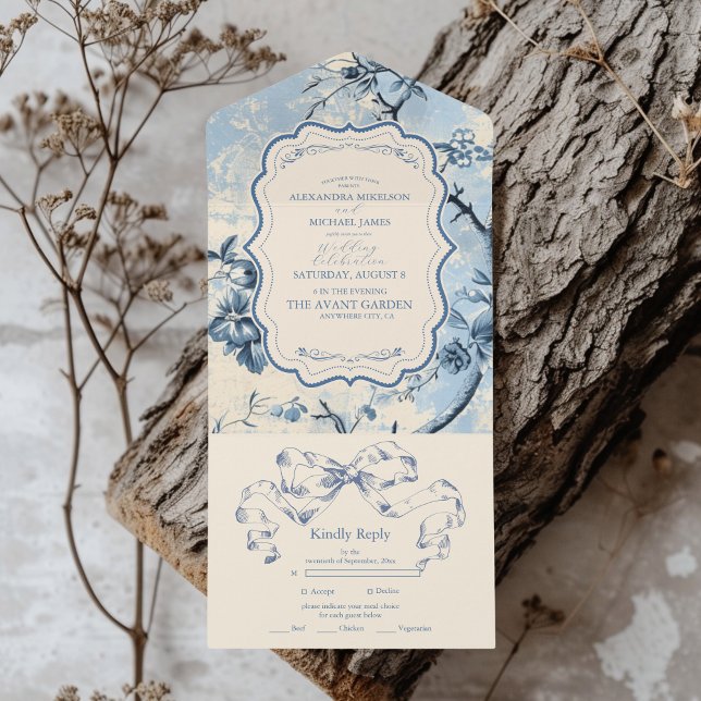 Invitación Todo En Uno Elegante Boda de tela azul de Jouy (Subido por el creador)